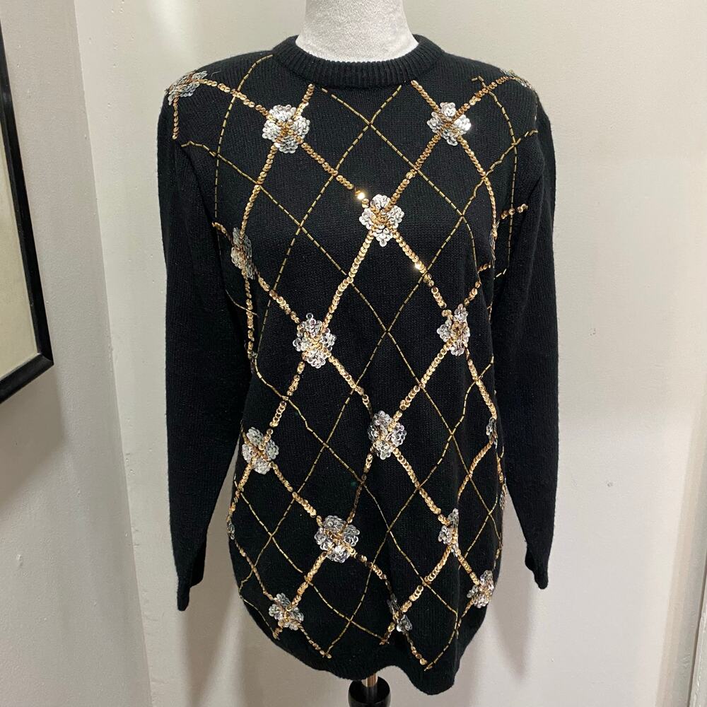 VINTAGE Alfred Dunner Sequin Black Sweater Size Petite Medium Crew Neck Pullover